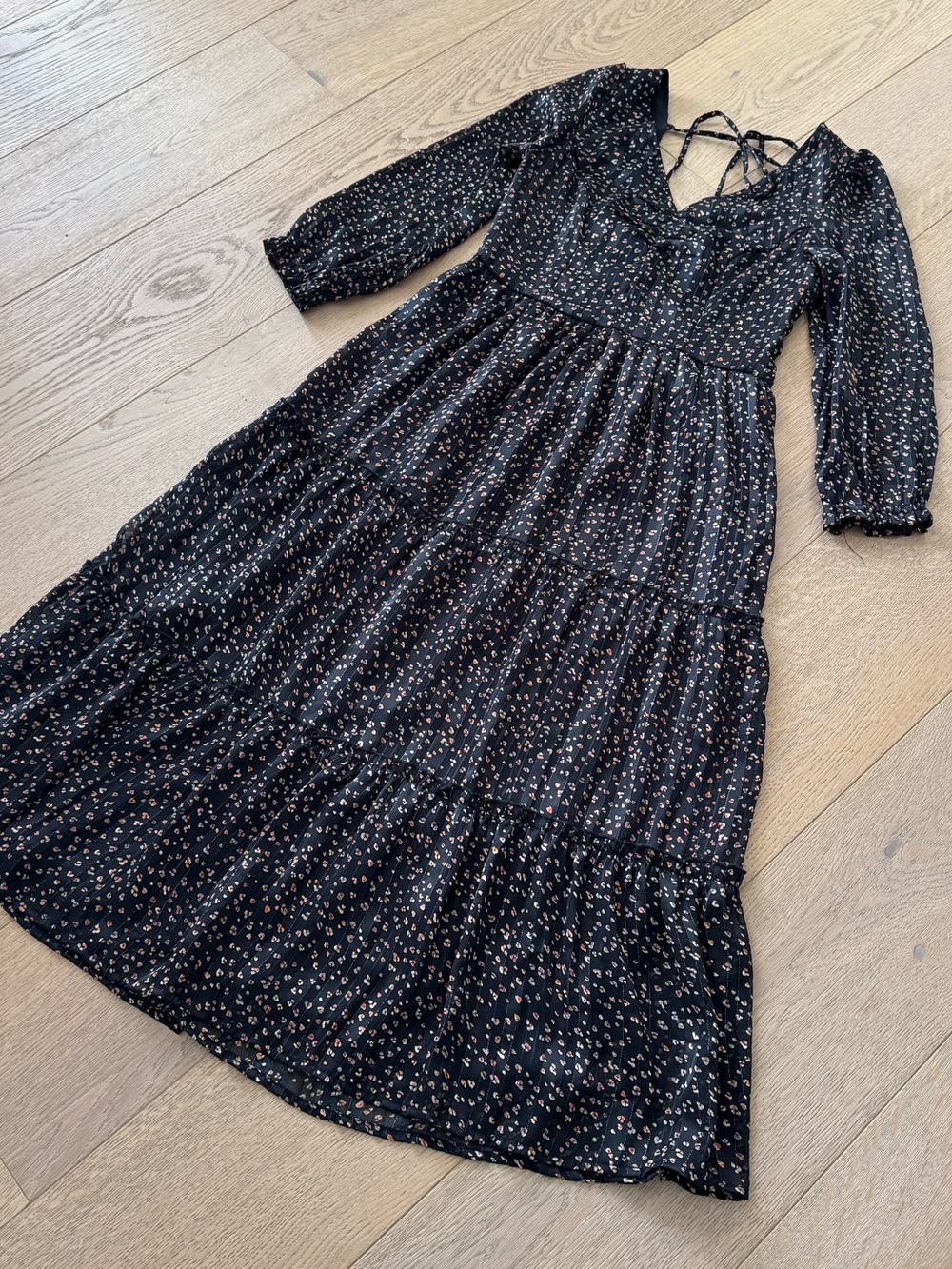 Japna Black Floral Tiered Midi Dress with Sheer Long Sleeves Size Small